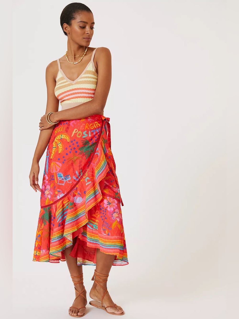 Anthropologie Farm Rio Wrap Maxi Ruffle Skirt Red Summer Beach Vibes Print M NWT
